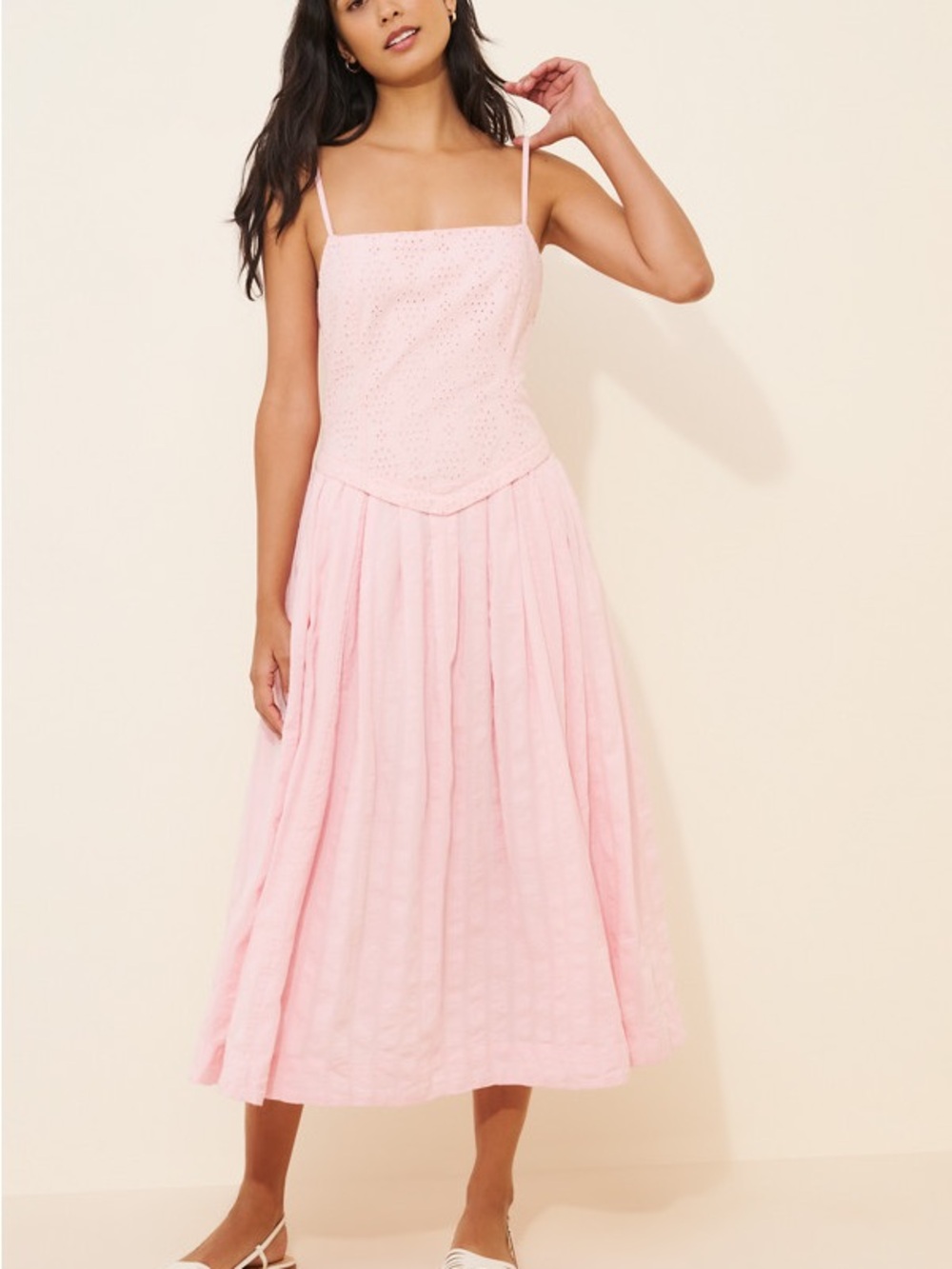 Free People Light Pink Eyelet Bodice Midi Dress